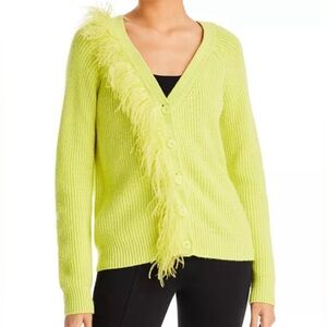 Cinq A Sept Laney Button Front Feather Trim Cardigan Sweater Yellow Size XS